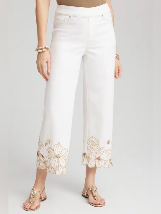 Chico's Pants - Chico’s White Cropped Wide-Leg Pants with Gold Floral Embroidery Cutouts